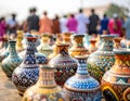 Vibrant handcrafted ceramic vases showcasing intricate traditional patterns at an outdoor market Royalty Free Stock Photo