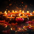 Captivating Diwali Celebration: Vibrant Candles, Dazzling Fireworks, and Reflective Ambiance Royalty Free Stock Photo