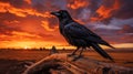 Captivating Documentary Photo: Black Raven On Rotten Log In Sunset Royalty Free Stock Photo