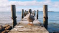 Captivating Documentary Photo: Duck On Old Pier With Relatable Personality