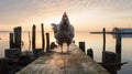 Captivating Documentary Photo: Laying Hen On Old Wooden Dock