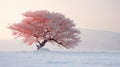 Captivating Documentary Photos Of A Pink Tree On A Snowy Field
