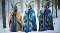 Captivating Documentary Photos Of Three Goats In Blue And Gold Monks Robes Royalty Free Stock Photo