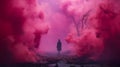 Captivating Documentary Photos: Young Woman Standing In Magenta Fog