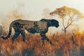 side silhouette of a cheetah seamlessly intertwined with the majestic African savannah