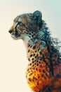 side silhouette of a cheetah seamlessly intertwined with the majestic African savannah