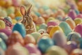 A captivating Easter scene with a fluffy bunny surrounded by a vibrant collection of pastel-colored and patterned Easter Royalty Free Stock Photo
