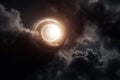 A captivating eclipse with clouds intermittently blocking the light, casting mesmerizing shadows in the atmospheric