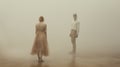 A Captivating Encounter: Woman In Dress And Man Amidst Beige Fog