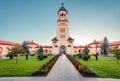 Captivating evening view of bell tower of Reunification Cathedral, Fortified churches inside Alba Carolina Fortress. Splendid