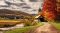 Captivating Fall Foliage: A Romantic Covered Bridge In Vermont Royalty Free Stock Photo