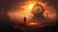 A captivating fantasy landscape reveals a golden evening with an oversized analog clock.