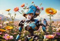 A fashion portrait of a robot surrounded by surreal flowers. A futuristic fusion of technology and nature, perfect for sci-fi- Royalty Free Stock Photo