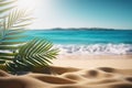 Tropical sea beach mockup template and palm leaf on seaside background for SPF cream protection. created with Generative AI Royalty Free Stock Photo