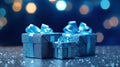 Captivating festive scene with three shimmering blue gift boxes set against a stunning blue gradient background and gold bokeh,