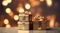 Captivating festive scene with three shimmering gold gift boxes against a stunning gold gradient background, creating an