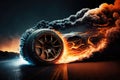 Car wheel burning in flames on the road Royalty Free Stock Photo