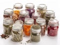 Dried Herbs And Spices In Glass Jars