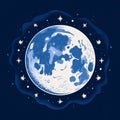 Captivating flat vector full moon illustration with stylized craters and many stars on dark blue. Royalty Free Stock Photo