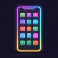 Sleek flat vector illustration of a smartphone with neon gradient outline and app icons. Royalty Free Stock Photo