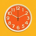 Minimalist vector illustration of an orange analog clock with white numbers on a vibrant yellow background. Royalty Free Stock Photo
