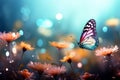Captivating floral scene with butterfly and bokeh lights, beautiful background