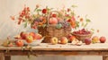 Captivating Floral Still Life Painting With Peaches, Plums, Tomatoes, And Grapes