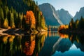 A captivating forest scene with a pristine lake surrounded by tall pines and rugged cliffs, reflecting the beauty of the