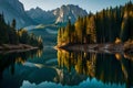 A captivating forest scene with a pristine lake surrounded by tall pines and rugged cliffs, reflecting the beauty of the