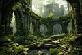 A captivating forest scene where moss adorns the walls while majestic trees tower above, The ruins of an ancient city being