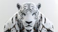 captivating fusion machine and nature, presenting AI robot with majestic head albino tiger,white background,embodying harmony