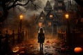 Captivating girl halloween house. Generate Ai