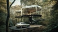 Glass-walled treehouse suspended inside a towering tree