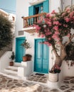 Captivating Greek House with White Walls, Blue Accents, and Blooming Pink Flowers