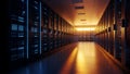 Futuristic Server Room Data Center Hallway with Blue and Orange Lights - Technology Royalty Free Stock Photo