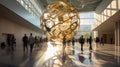 Interconnected Global Markets: A Golden Globe Sculpture in a Futuristic Atrium