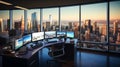 Sleek Modern Office Space with City View and Financial Analysis Royalty Free Stock Photo