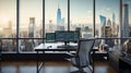 Sleek Modern Office Space with City View and Financial Analysis Royalty Free Stock Photo