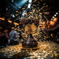 Dynamic Celebration: Trophy on Reflective Gold Podium with Falling Confetti