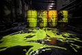 Toxic Waste Spill: Corroded Barrel Unleashes Vibrant Neon Green Liquid Royalty Free Stock Photo