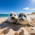 Peaceful Harmony: Adorable Baby Seals Resting on Golden Sandy Beach Royalty Free Stock Photo