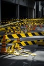 Vibrant Caution Tapes Amidst Urban Construction Scene
