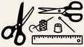 A captivating high-resolution image showcases sewing supplies, including scissors, thread, needles, a thimble, and a ruler, Royalty Free Stock Photo