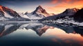 Picturesque Sunrise Over Pristine Alpine Lake Surrounded by Snowy Mountains with Perfect Reflection. Generative Ai Royalty Free Stock Photo