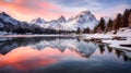 Picturesque Sunrise Over Pristine Alpine Lake Surrounded by Snowy Mountains with Perfect Reflection. Generative Ai Royalty Free Stock Photo
