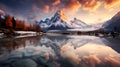 Picturesque Sunrise Over Pristine Alpine Lake Surrounded by Snowy Mountains with Perfect Reflection. Generative Ai Royalty Free Stock Photo