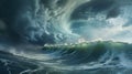 Satellite Image of Dramatic Weather Pattern: Swirling Hurricanes, Cloud Formations, and Varying Ocean Colors. Generative Ai