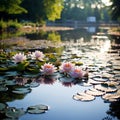 Tranquil Morning: Serene Pond with Delicate Ripples and Blossoming Lily Pads