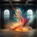 Ethereal Dance: Vibrant Abstract Energy Flow in a Spacious Room
