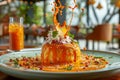 Captivating High Speed Photography of Exploding Orange Juice Splash Over Gourmet Dish in Elegant Restaurant